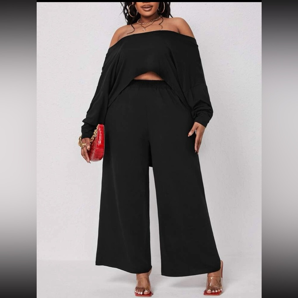 Plus Off shoulder high low top and wide leg pants